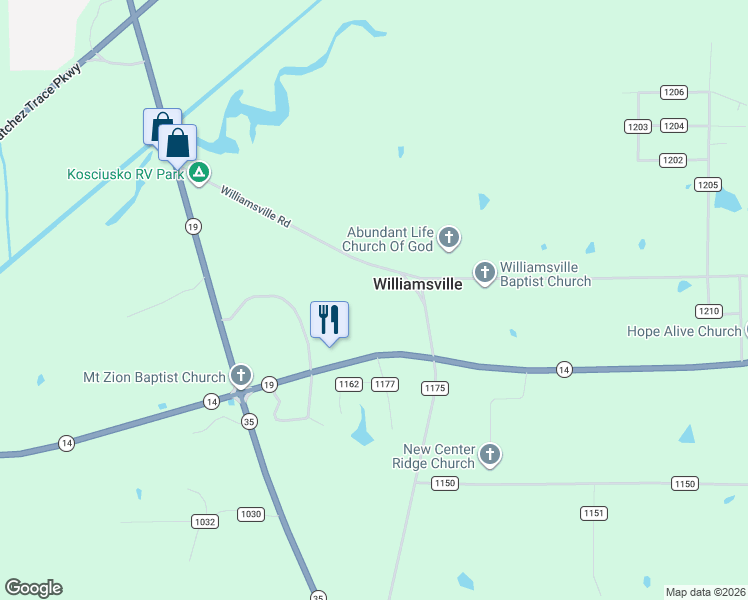map of restaurants, bars, coffee shops, grocery stores, and more near 17352 Mississippi 19 in Kosciusko