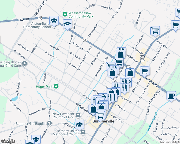 map of restaurants, bars, coffee shops, grocery stores, and more near 407 West 2nd North Street in Summerville