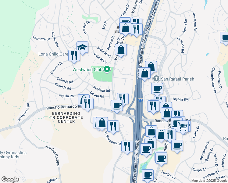 map of restaurants, bars, coffee shops, grocery stores, and more near 17093 West Bernardo Drive in San Diego
