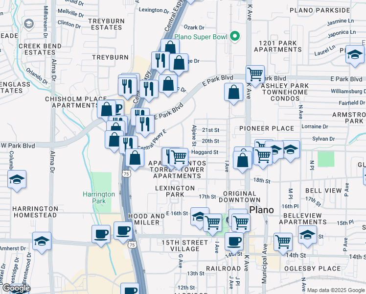 map of restaurants, bars, coffee shops, grocery stores, and more near 2001 G Avenue in Plano