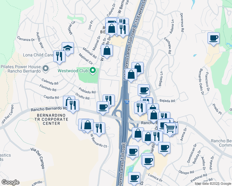 map of restaurants, bars, coffee shops, grocery stores, and more near 17131 West Bernardo Drive in San Diego