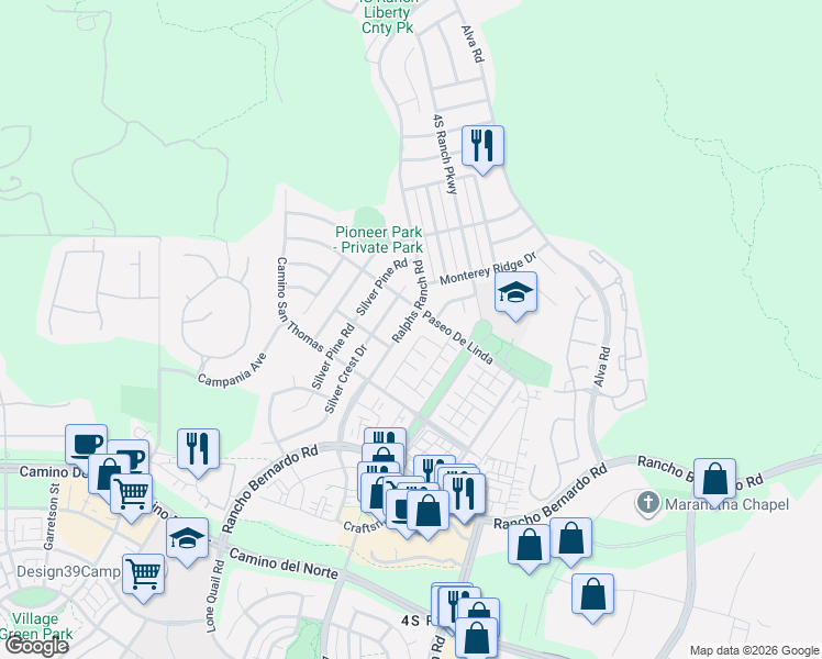 map of restaurants, bars, coffee shops, grocery stores, and more near 17067 Ralphs Ranch Road in San Diego