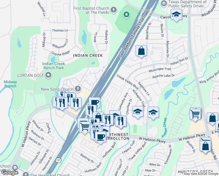 map of restaurants, bars, coffee shops, grocery stores, and more near 1498 Arapaho Drive in Carrollton