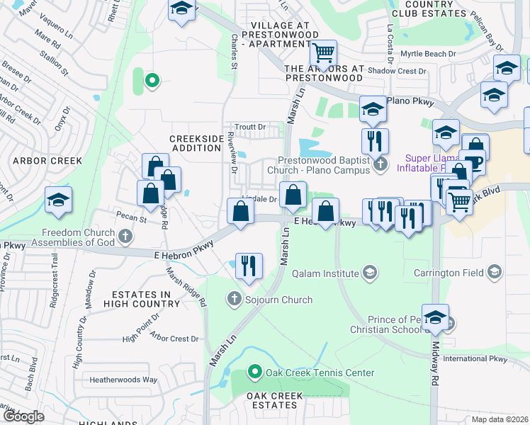 map of restaurants, bars, coffee shops, grocery stores, and more near 3033 East Hebron Parkway in Carrollton