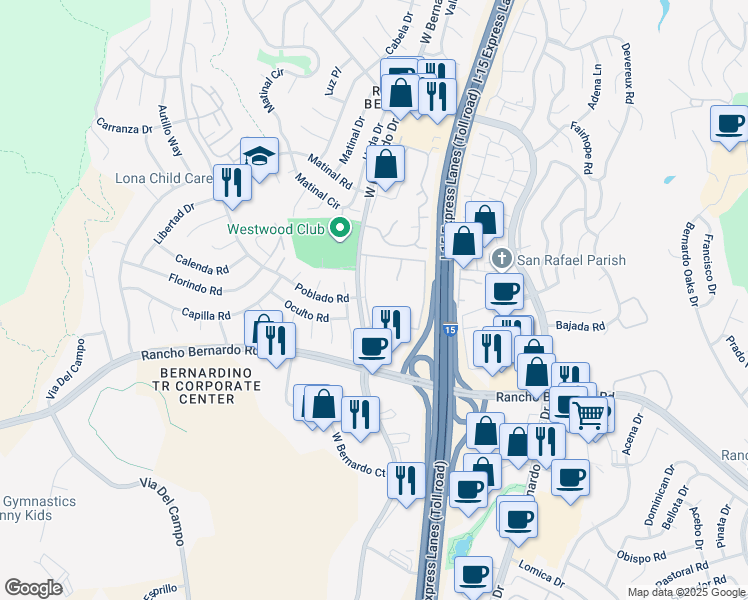 map of restaurants, bars, coffee shops, grocery stores, and more near 17087 West Bernardo Drive in San Diego