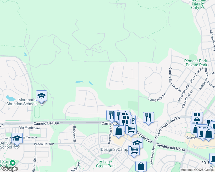map of restaurants, bars, coffee shops, grocery stores, and more near 17126 Tallow Tree Lane in San Diego