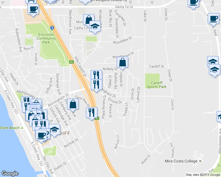 map of restaurants, bars, coffee shops, grocery stores, and more near 1637 Edilee Drive in Encinitas