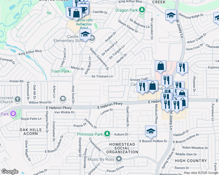map of restaurants, bars, coffee shops, grocery stores, and more near 1605 Black Duck Terrace in Carrollton