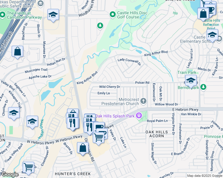 map of restaurants, bars, coffee shops, grocery stores, and more near 1201 Polser Road in Carrollton