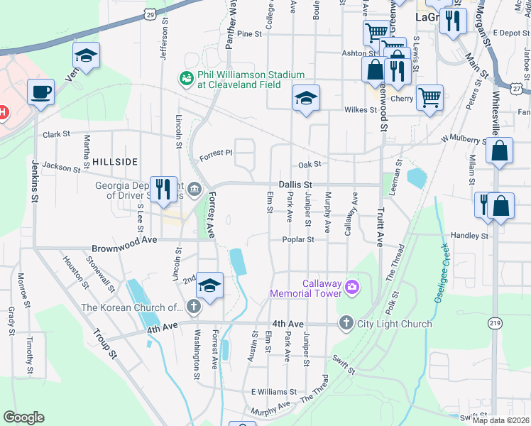 map of restaurants, bars, coffee shops, grocery stores, and more near 805 Elm Street in LaGrange
