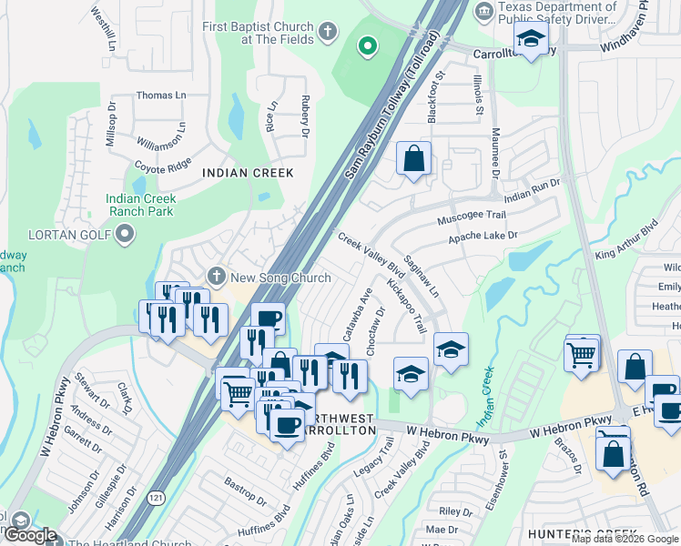 map of restaurants, bars, coffee shops, grocery stores, and more near 4299 Indian Run Drive in Carrollton