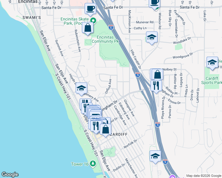 map of restaurants, bars, coffee shops, grocery stores, and more near 487 Bristol Road in Encinitas