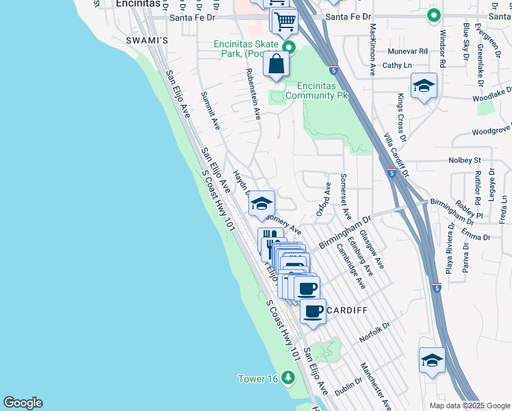 map of restaurants, bars, coffee shops, grocery stores, and more near 135 Schubert Path in Encinitas