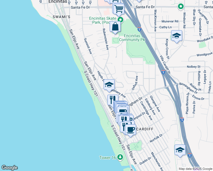 map of restaurants, bars, coffee shops, grocery stores, and more near 135 Schubert Path in Encinitas