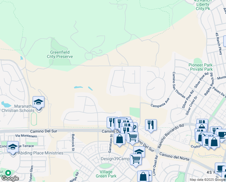 map of restaurants, bars, coffee shops, grocery stores, and more near 17117 Tallow Tree Lane in San Diego