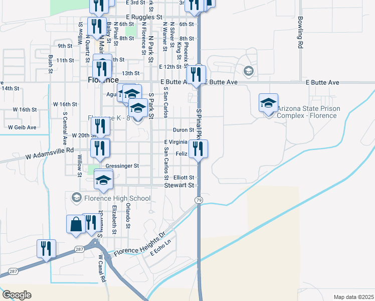 map of restaurants, bars, coffee shops, grocery stores, and more near 450 South Pinal Parkway Avenue in Florence