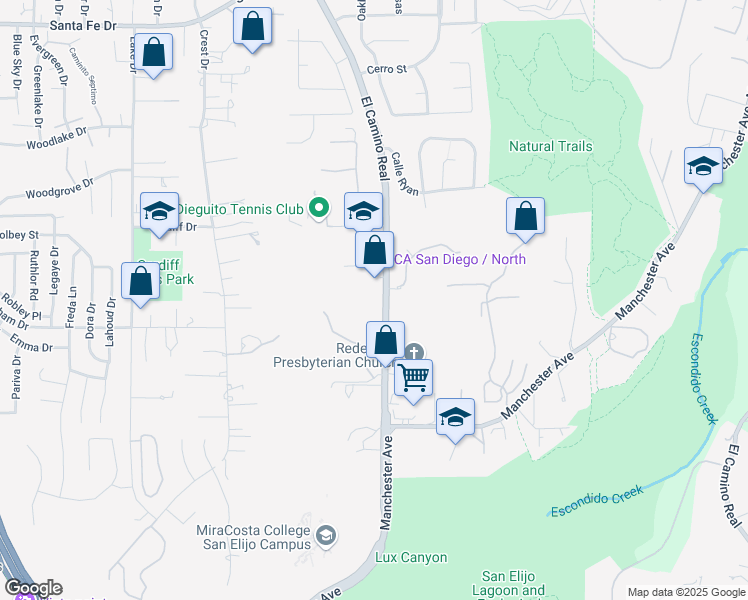 map of restaurants, bars, coffee shops, grocery stores, and more near 1544 South El Camino Real in Encinitas
