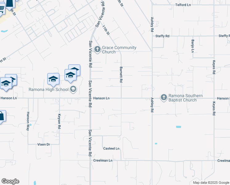 map of restaurants, bars, coffee shops, grocery stores, and more near 1121 Hanson Lane in Ramona