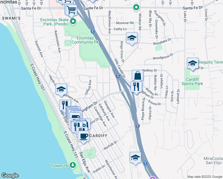map of restaurants, bars, coffee shops, grocery stores, and more near 1804 Mackinnon Avenue in Encinitas