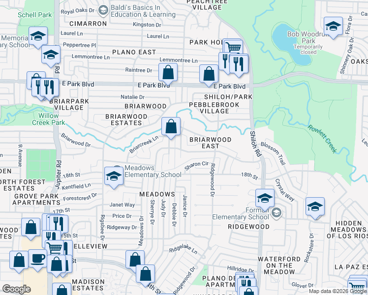 map of restaurants, bars, coffee shops, grocery stores, and more near 3210 Greenbriar Circle in Plano