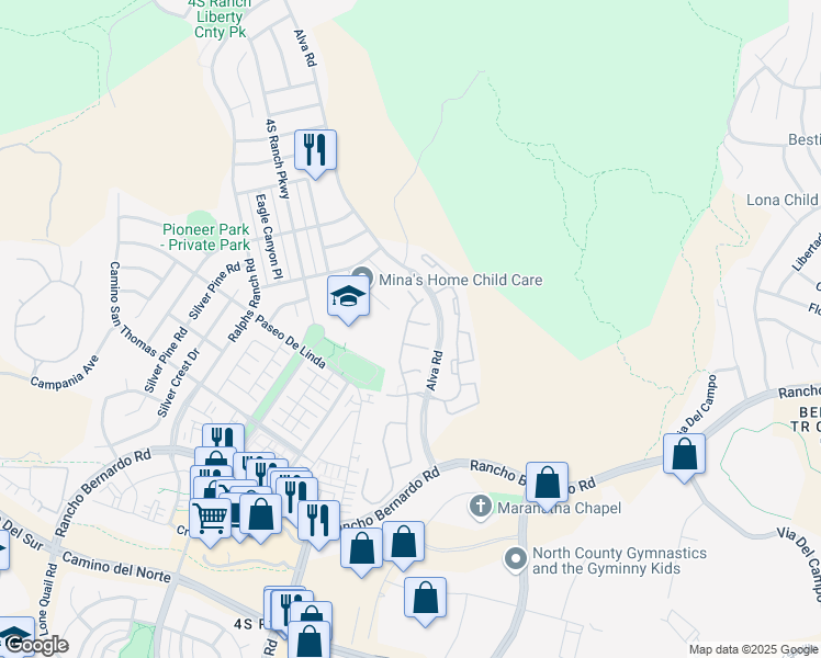 map of restaurants, bars, coffee shops, grocery stores, and more near 10611 Tuscany Court in San Diego