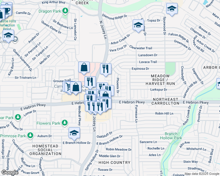 map of restaurants, bars, coffee shops, grocery stores, and more near 4234 Lavaca Trail in Carrollton