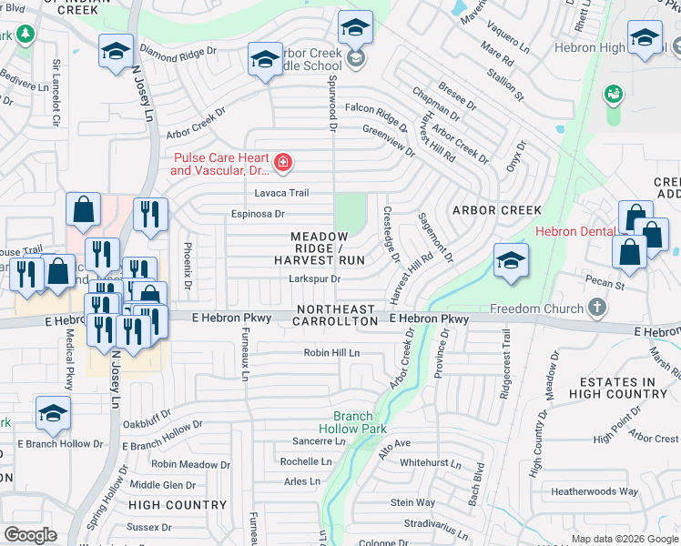 map of restaurants, bars, coffee shops, grocery stores, and more near 2101 Hearthstone Drive in Carrollton