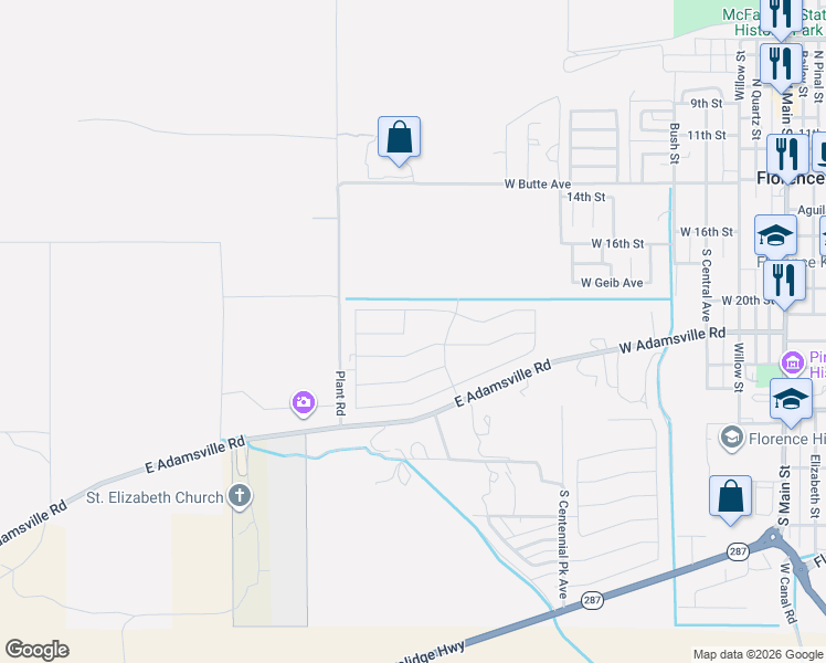 map of restaurants, bars, coffee shops, grocery stores, and more near Plant Road in Florence