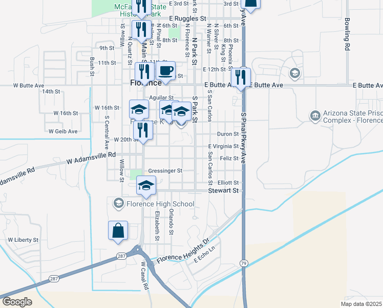 map of restaurants, bars, coffee shops, grocery stores, and more near 325 East Virginia Street in Florence