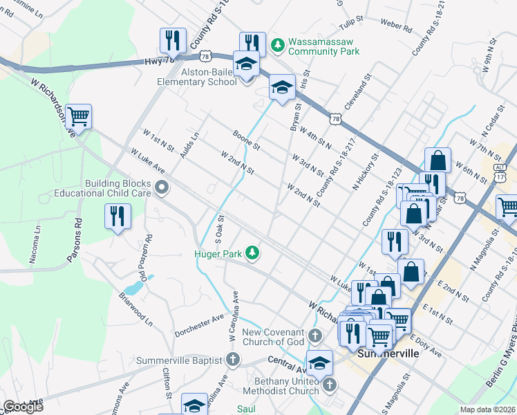 map of restaurants, bars, coffee shops, grocery stores, and more near 708 West 1st North Street in Summerville