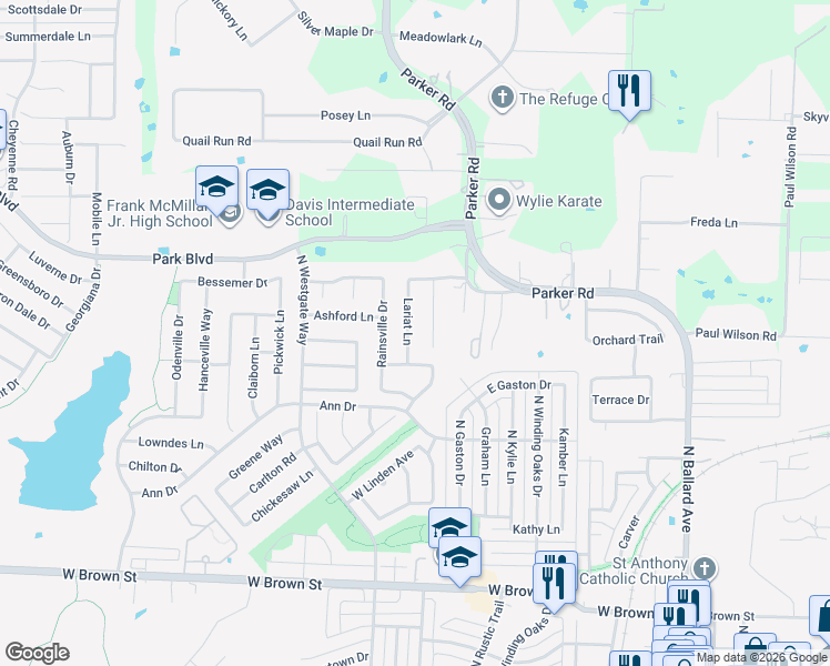 map of restaurants, bars, coffee shops, grocery stores, and more near 712 Lariat Lane in Wylie