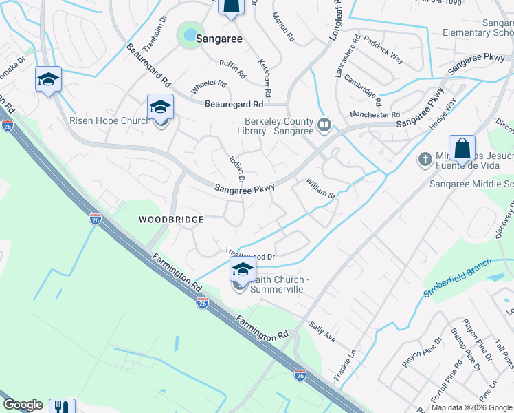 map of restaurants, bars, coffee shops, grocery stores, and more near 104 Bayleaf Court in Summerville