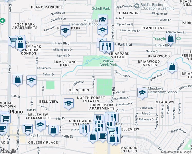 map of restaurants, bars, coffee shops, grocery stores, and more near 2217 Overglen Drive in Plano