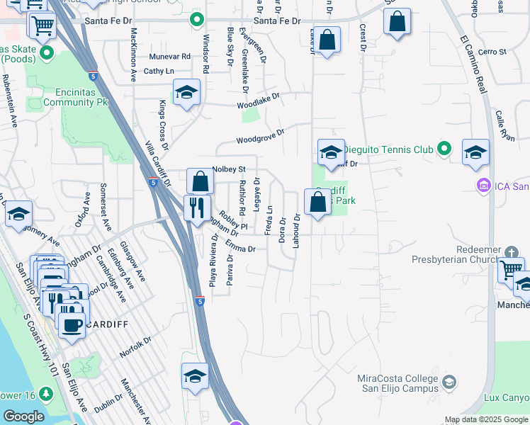 map of restaurants, bars, coffee shops, grocery stores, and more near 1702 Legaye Drive in Encinitas