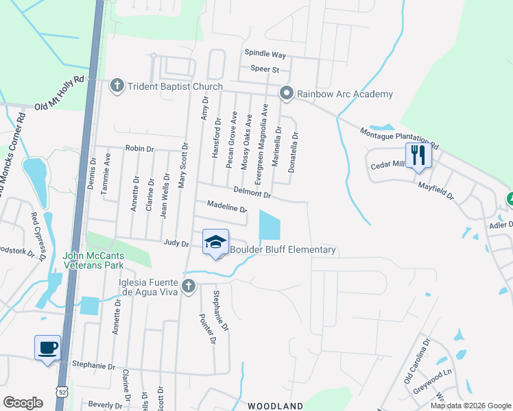 map of restaurants, bars, coffee shops, grocery stores, and more near 440 Delmont Drive in Goose Creek
