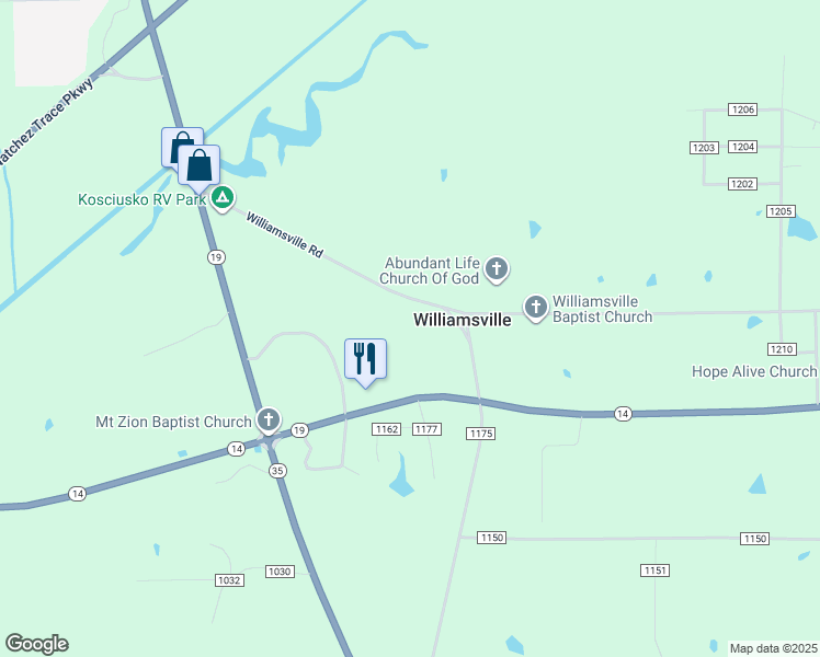 map of restaurants, bars, coffee shops, grocery stores, and more near 17201-17699 Williamsville Road in Kosciusko