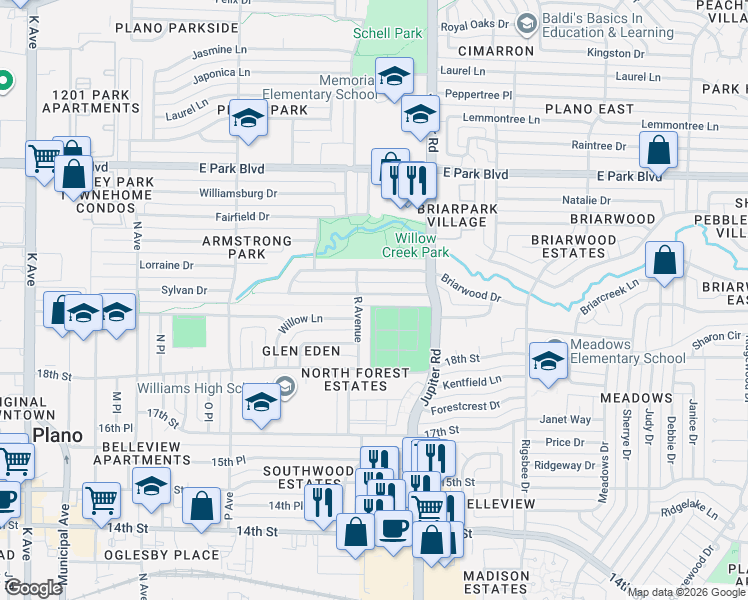 map of restaurants, bars, coffee shops, grocery stores, and more near 2217 Overglen Drive in Plano