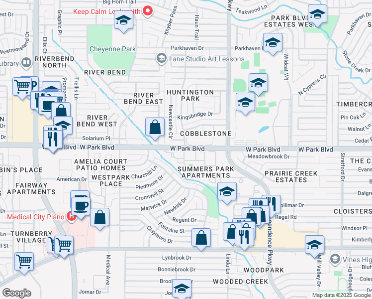 map of restaurants, bars, coffee shops, grocery stores, and more near 2001 Newcastle Circle in Plano