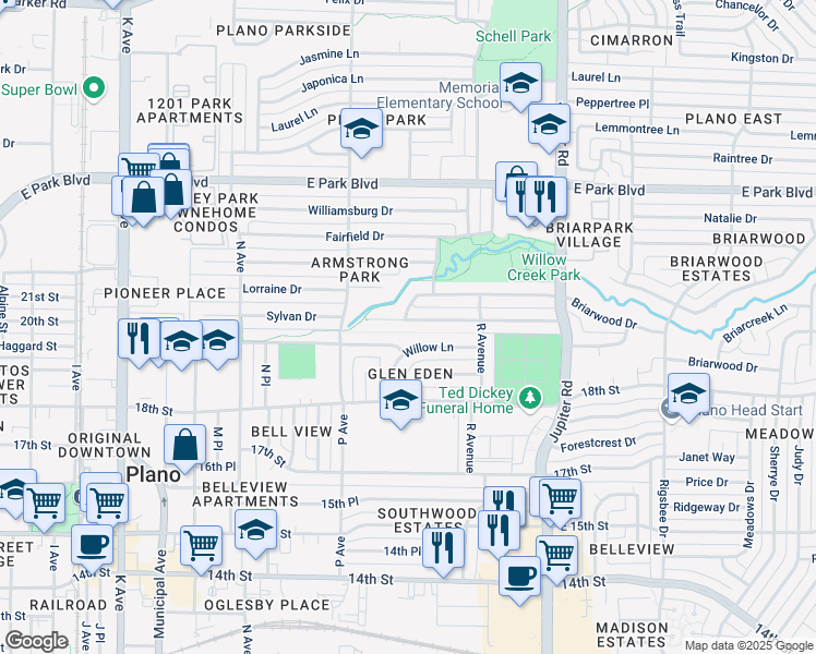 map of restaurants, bars, coffee shops, grocery stores, and more near 1821 Overglen Drive in Plano