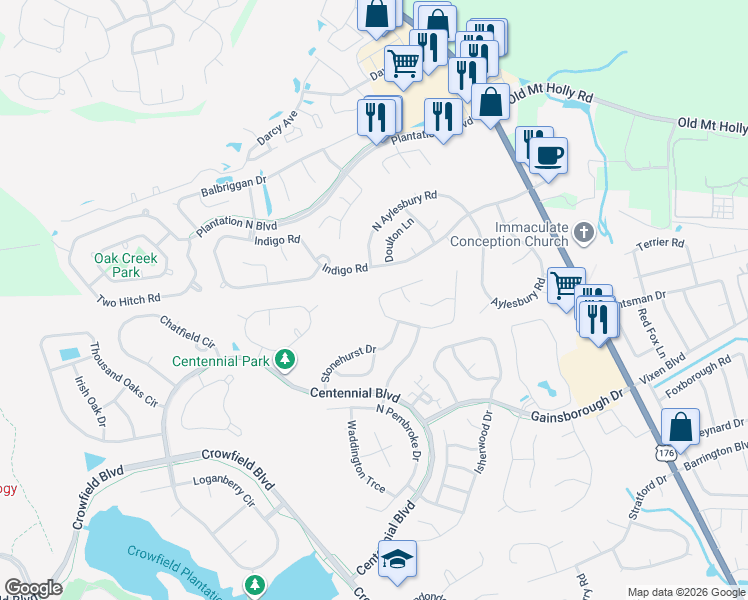 map of restaurants, bars, coffee shops, grocery stores, and more near 119 West Hartwick Lane in Goose Creek