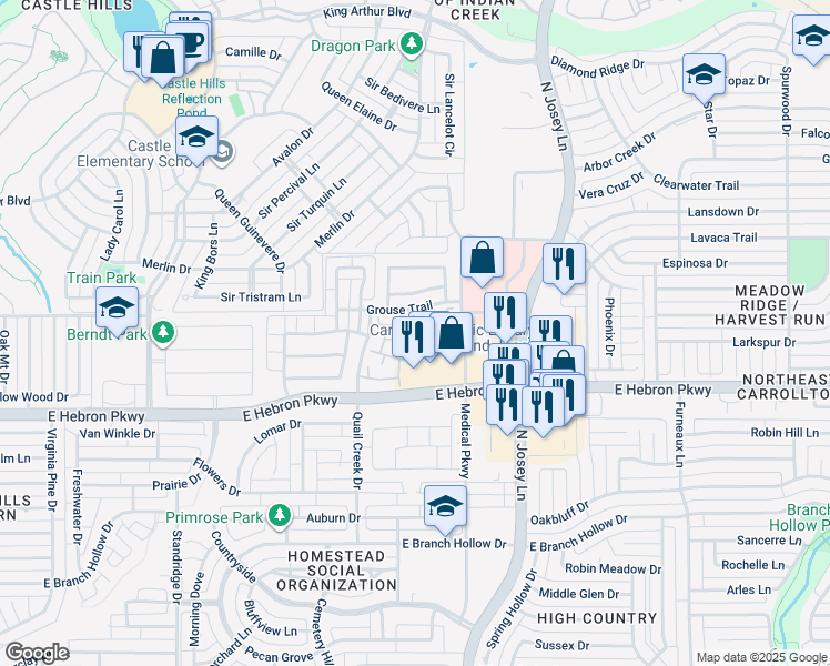 map of restaurants, bars, coffee shops, grocery stores, and more near 1701 East Hebron Parkway in Carrollton