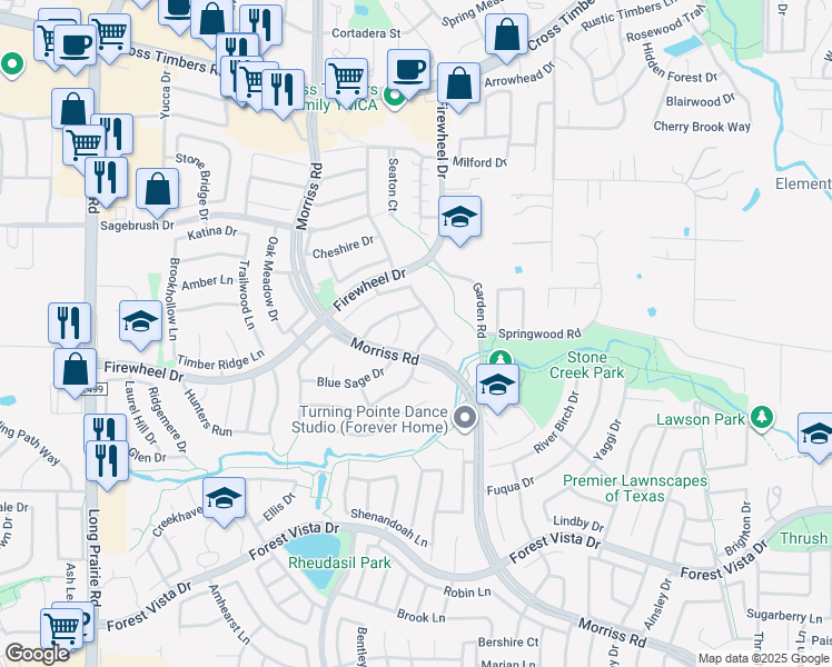 map of restaurants, bars, coffee shops, grocery stores, and more near 3000 Brush Creek Lane in Flower Mound