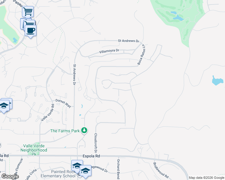 map of restaurants, bars, coffee shops, grocery stores, and more near 13635 Overland Pass Road in Poway