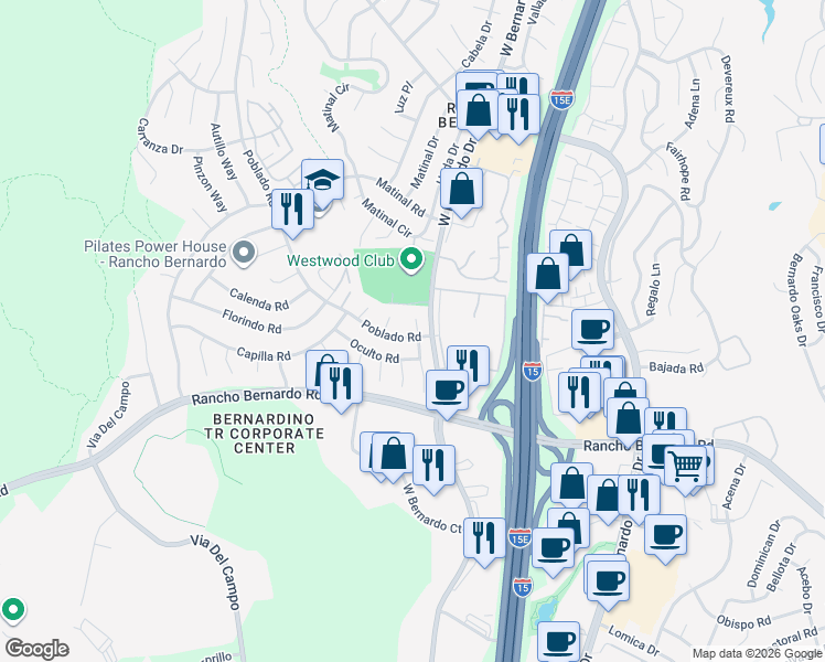 map of restaurants, bars, coffee shops, grocery stores, and more near 11576 Poblado Road in San Diego