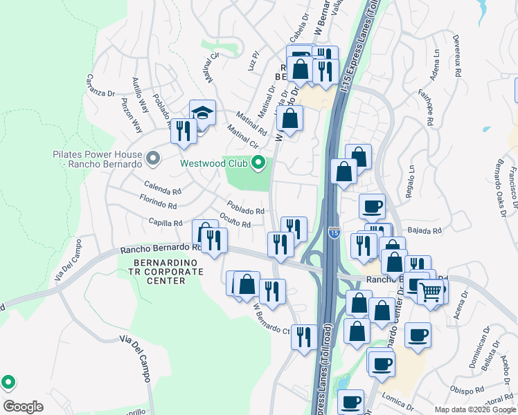 map of restaurants, bars, coffee shops, grocery stores, and more near 11576 Poblado Road in San Diego