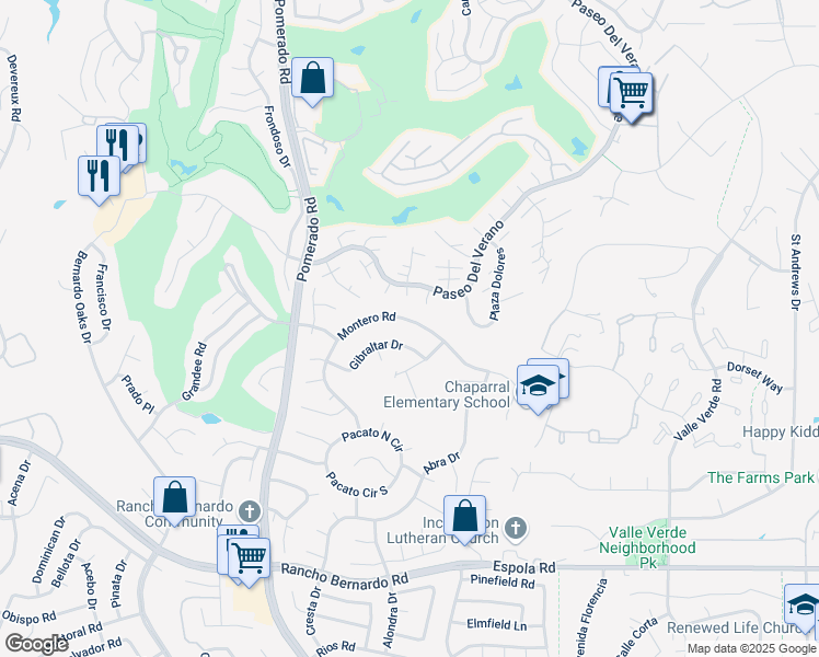 map of restaurants, bars, coffee shops, grocery stores, and more near 17543 Montero Road in San Diego