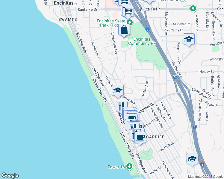 map of restaurants, bars, coffee shops, grocery stores, and more near 1780 Haydn Drive in Encinitas