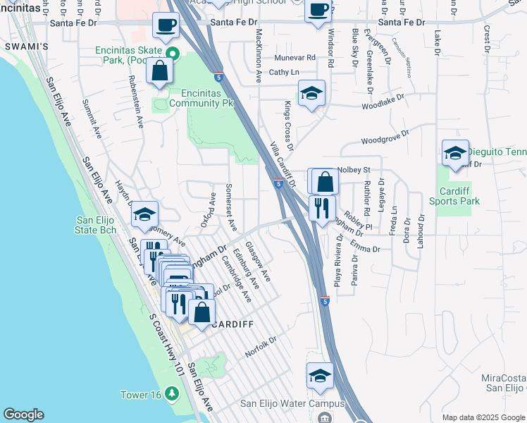 map of restaurants, bars, coffee shops, grocery stores, and more near 1804 Mackinnon Avenue in Encinitas
