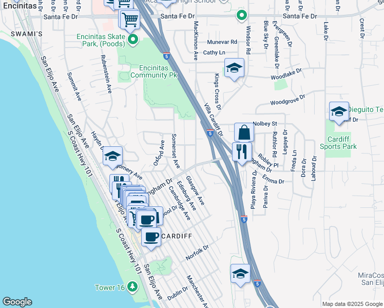 map of restaurants, bars, coffee shops, grocery stores, and more near 1804 Mackinnon Avenue in Encinitas