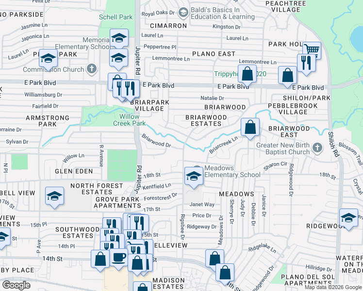 map of restaurants, bars, coffee shops, grocery stores, and more near 2626 Rockbrook Drive in Plano